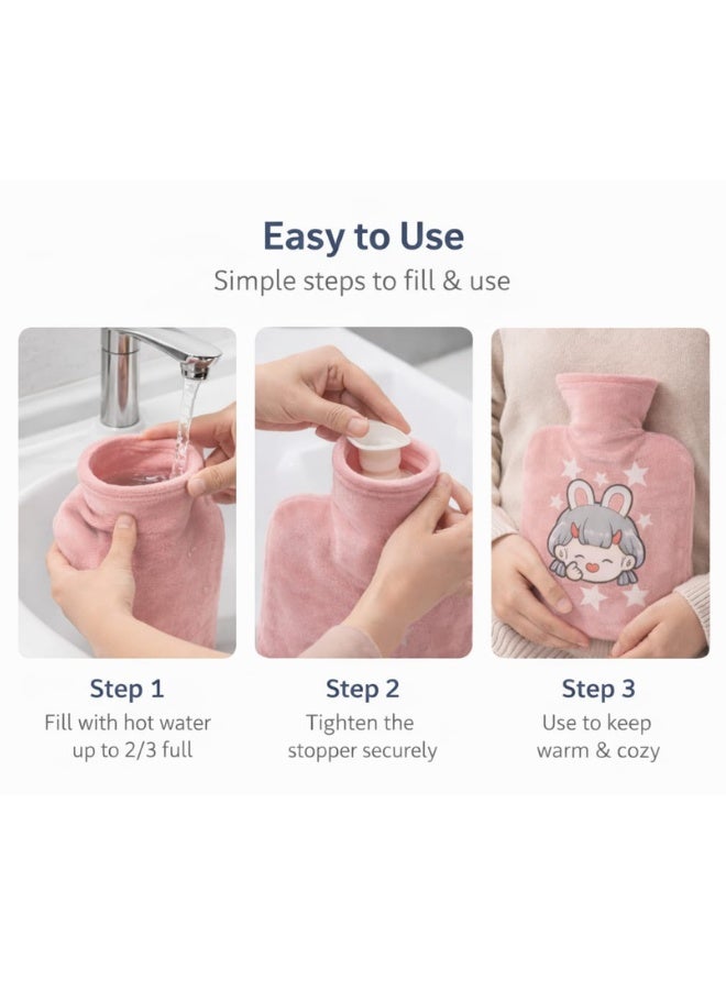 عبوتان من قرب الماء الساخن مع غطاء مخملي ناعم - أكياس ماء ساخن قابلة لإعادة الاستخدام سعة 500 مل مانعة للتسرب لتخفيف الآلام، وتقلصات الدورة الشهرية، وعلاج آلام الظهر والعضلات، والتدفئة في فصل الشتاء - Image 5